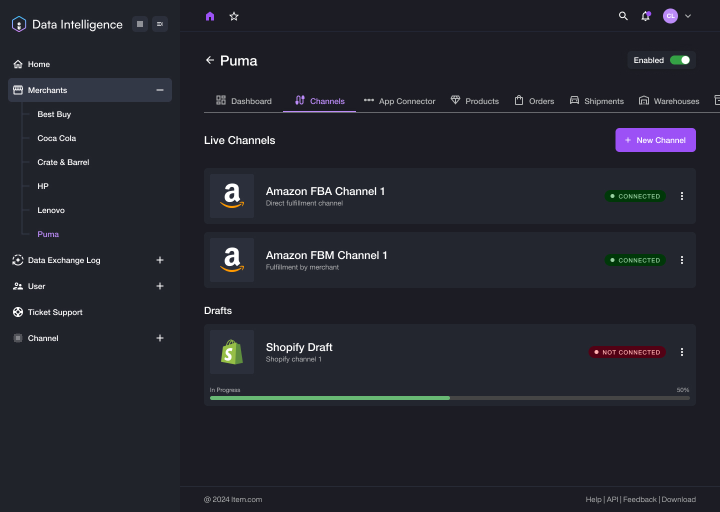 Data Intelligence analytics dashboard showing business metrics and insights
